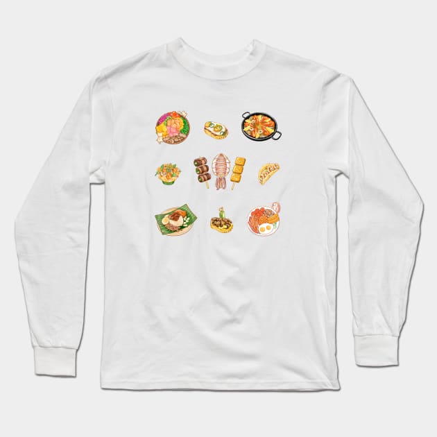 Food Lover 各國美食插畫 - Nasi Lemak, Paella, Poke Bowl, Skewers, English Breakfast, Tapas, Tacos Long Sleeve T-Shirt by Rose Chiu Food Illustration